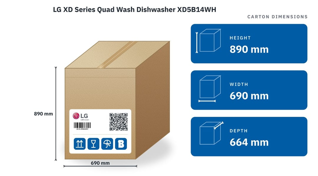 LG XD Series Quad Wash Dishwasher XD5B14WH — packaged dimensions