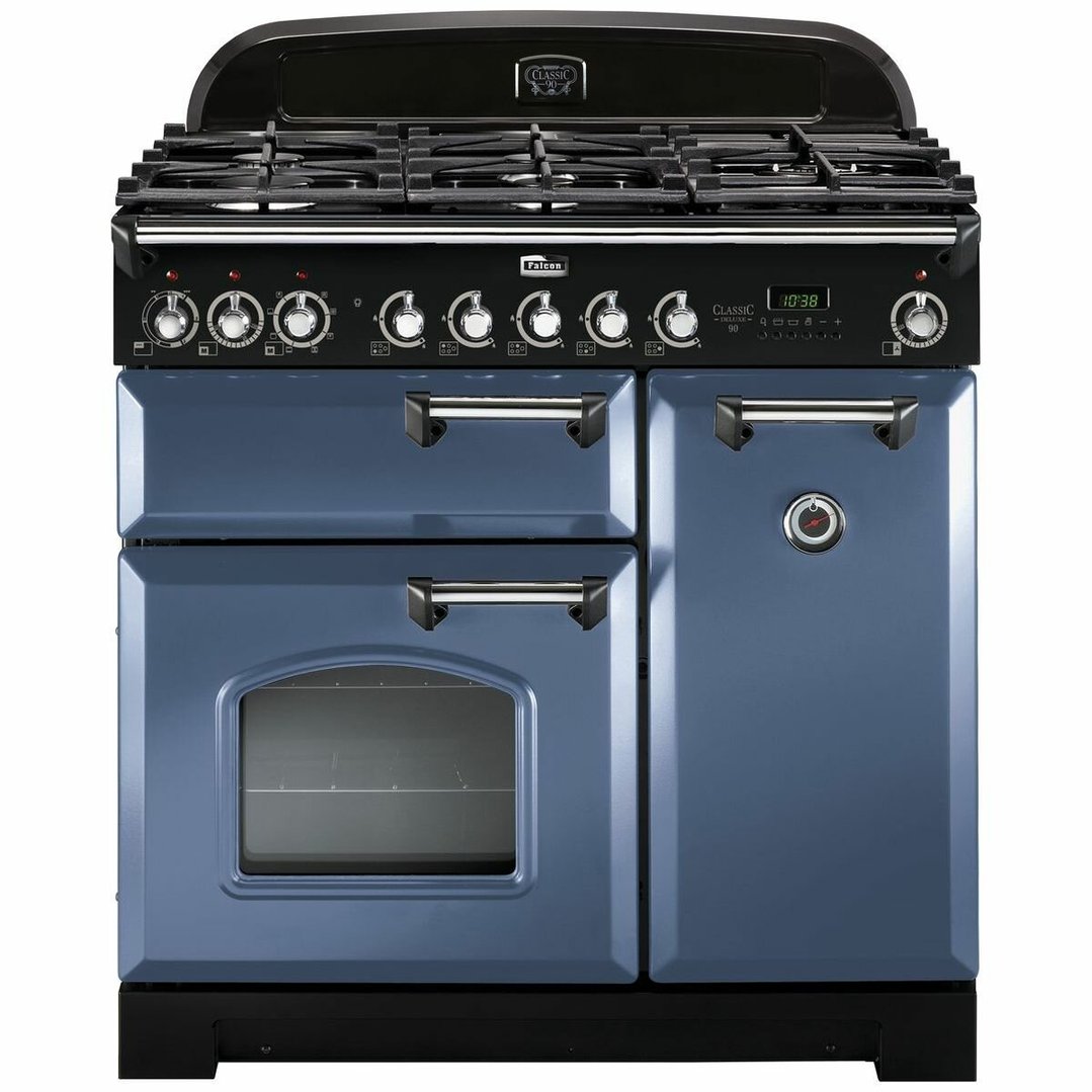 Falcon Classic Deluxe 90cm Dual Fuel Upright Cooker Stone Blue/Chrome