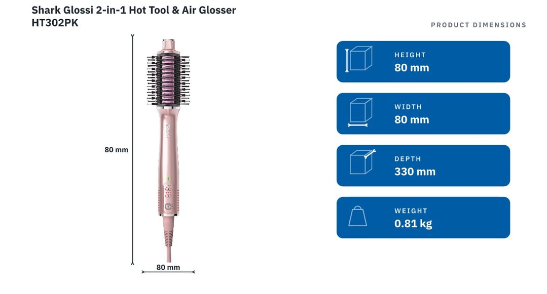 Shark Glossi 2-in-1 Hot Tool & Air Glosser HT302PK — product dimensions