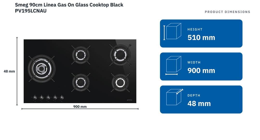 Smeg 90cm Linea Gas On Glass Cooktop Black PV195LCNAU — product dimensions