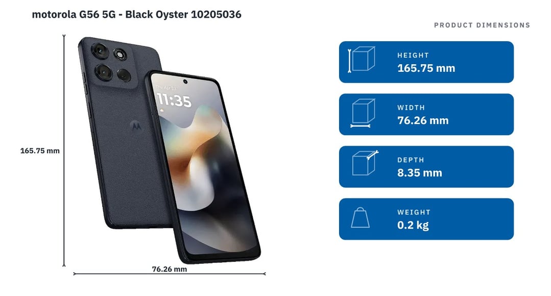 motorola G56 5G - Black Oyster 10205036 — product dimensions