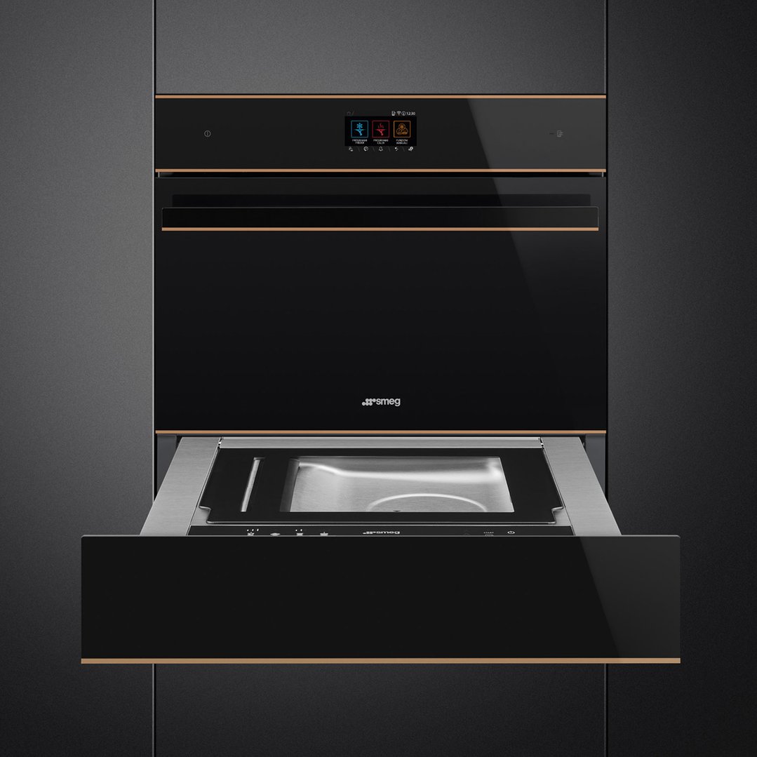 Black Smeg Dolce Stil Novo compact blast chiller with drawer open