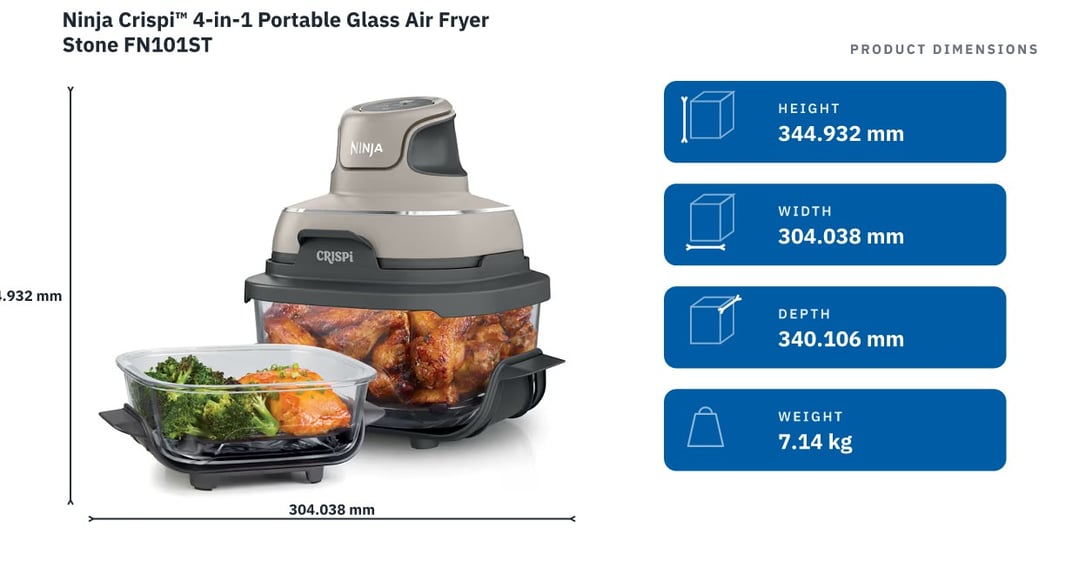 Ninja Crispi™ 4-in-1 Portable Glass Air Fryer Stone FN101ST — product dimensions