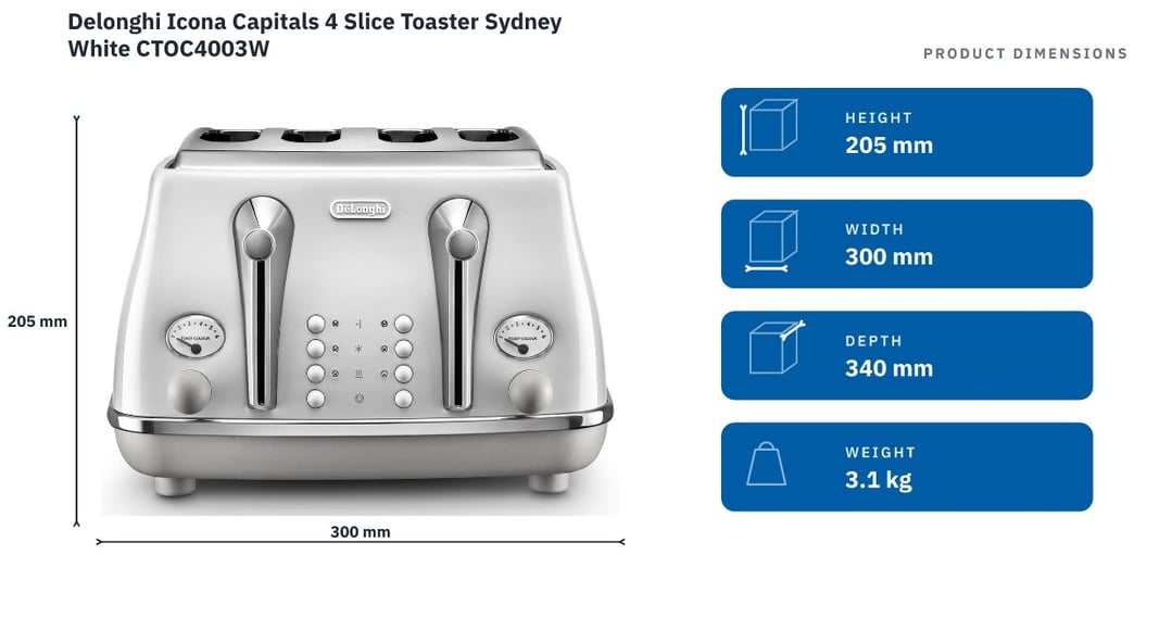 Delonghi Icona Capitals 4 Slice Toaster Sydney White CTOC4003W — product dimensions