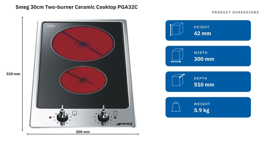 Smeg 30cm Two-burner Ceramic Cooktop PGA32C — product dimensions