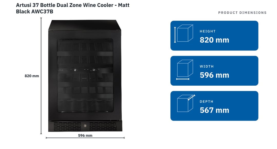 Artusi 37 Bottle Dual Zone Wine Cooler - Matt Black AWC37B — product dimensions