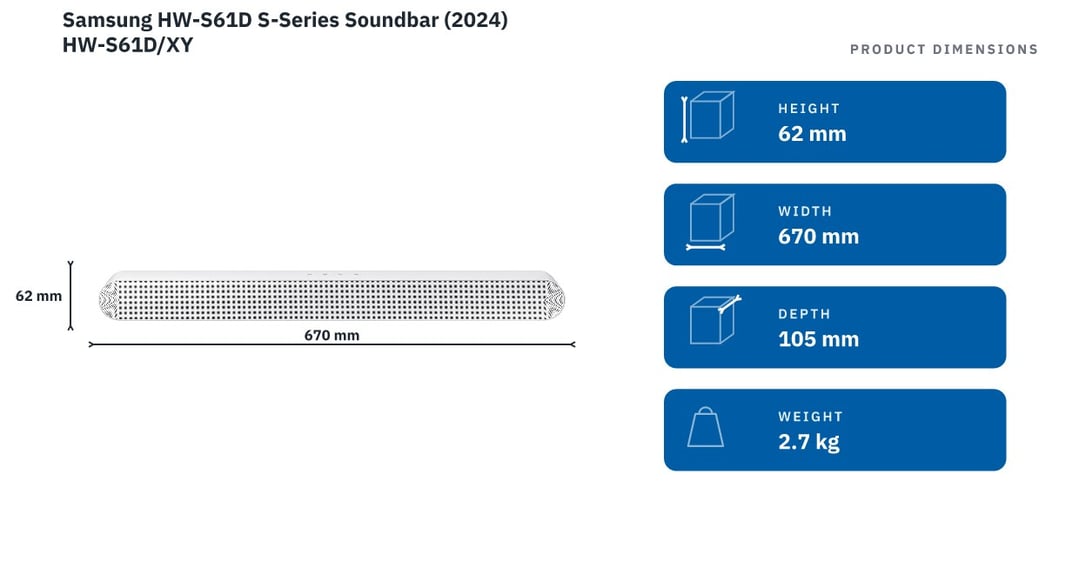 Samsung HW-S61D S-Series Soundbar (2024) HW-S61D/XY — product dimensions