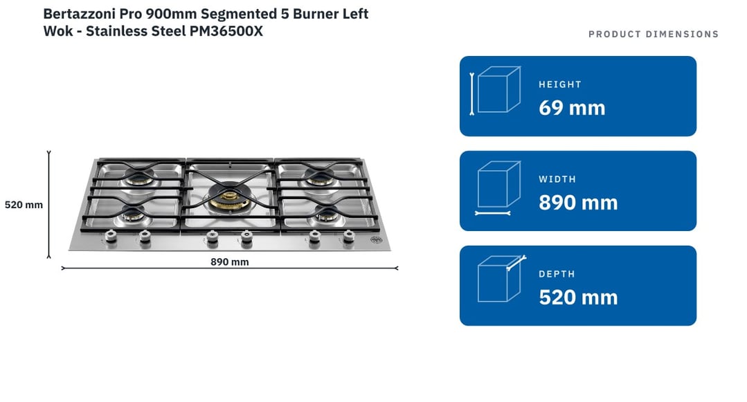 Bertazzoni Pro 900mm Segmented 5 Burner Left Wok - Stainless Steel PM36500X