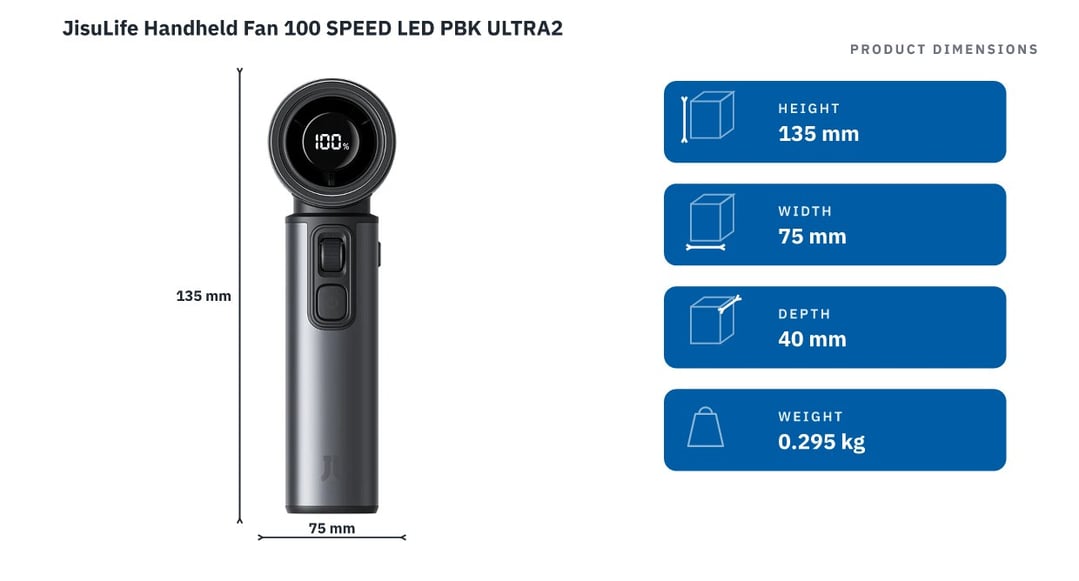 JisuLife Handheld Fan 100 SPEED LED PBK ULTRA2 — product dimensions