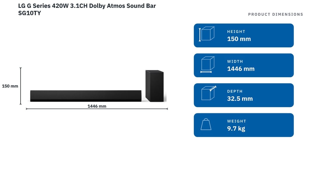 LG G Series 420W 3.1CH Dolby Atmos Sound Bar SG10TY — product dimensions
