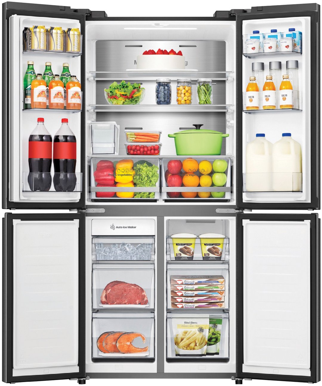 Open Hisense PureFlat Slim French Door refrigerator filled with food items