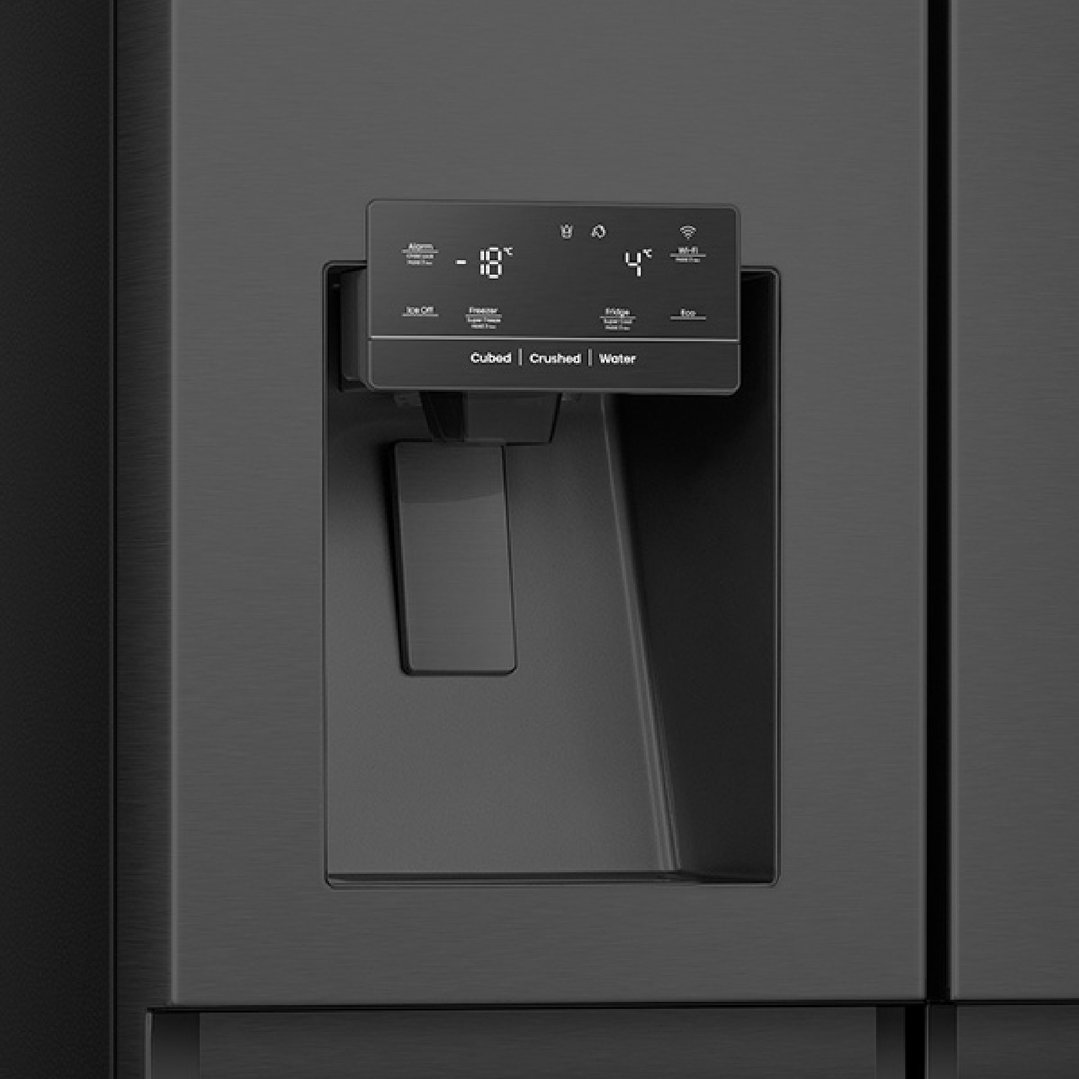 Close up of the black fridge's ice and water dispenser with digital display