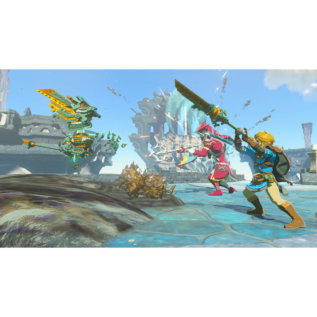 Link and a Zora warrior fighting enemies in a fantasy landscape