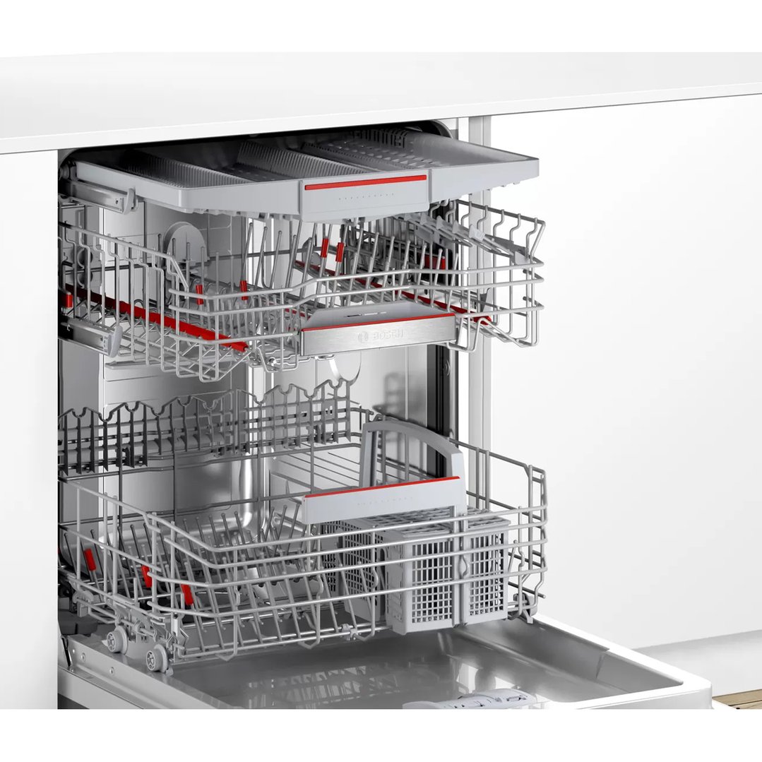 Open built-under dishwasher with two racks pulled out, showing interior