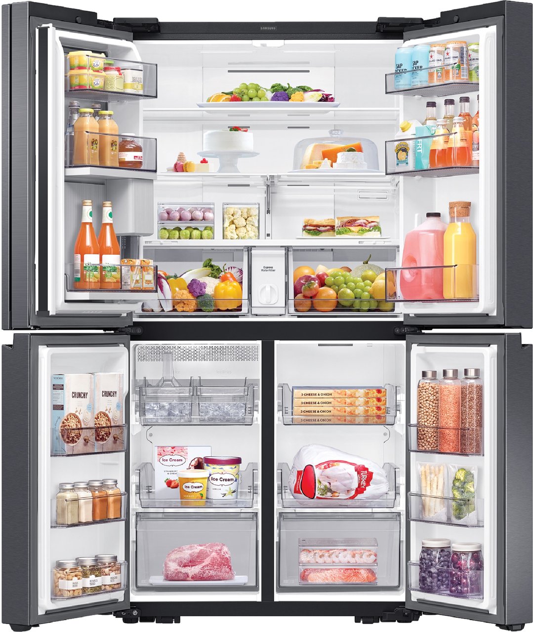 Open Samsung French Door Fridge filled with various food and drinks