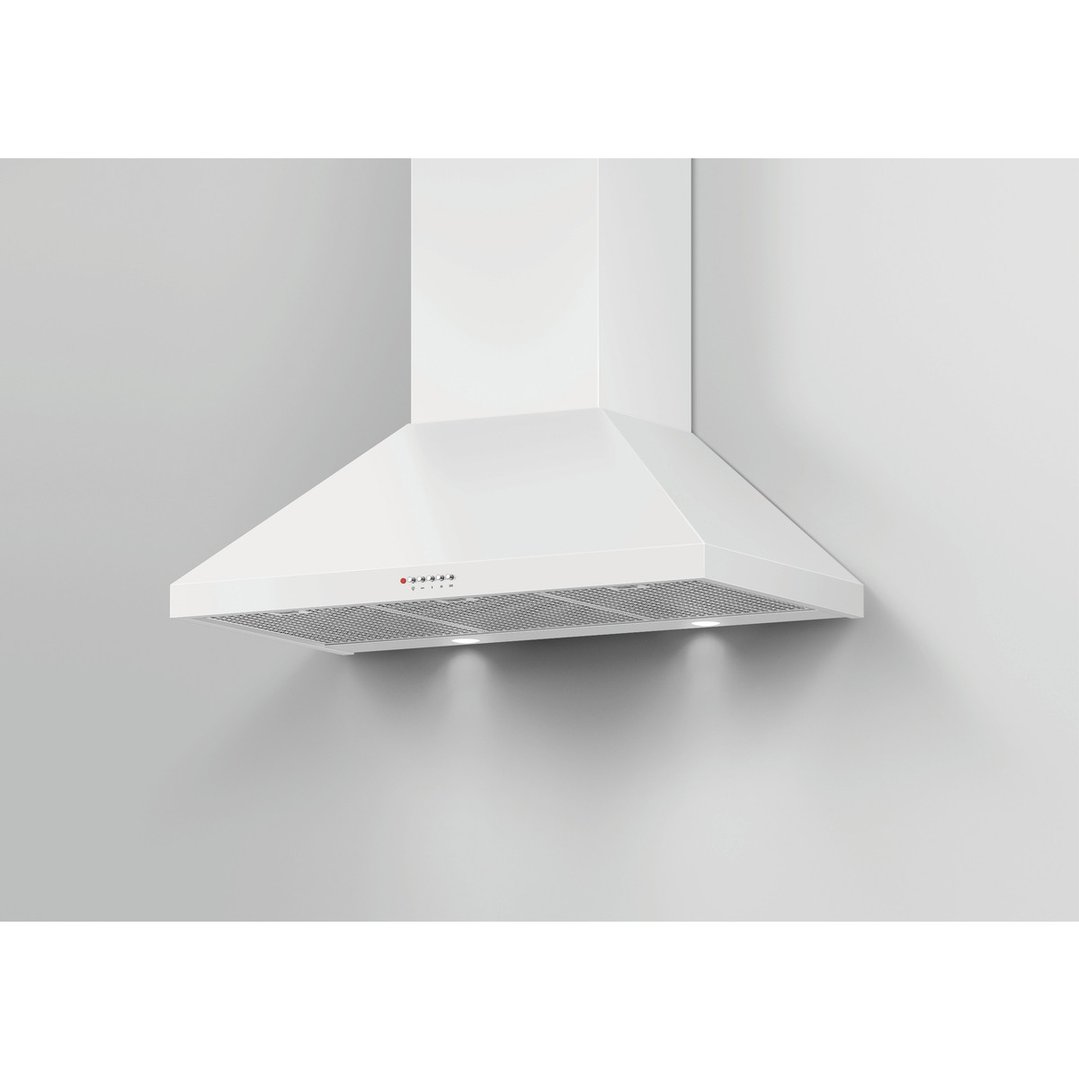 White canopy rangehood mounted on a light grey wall
