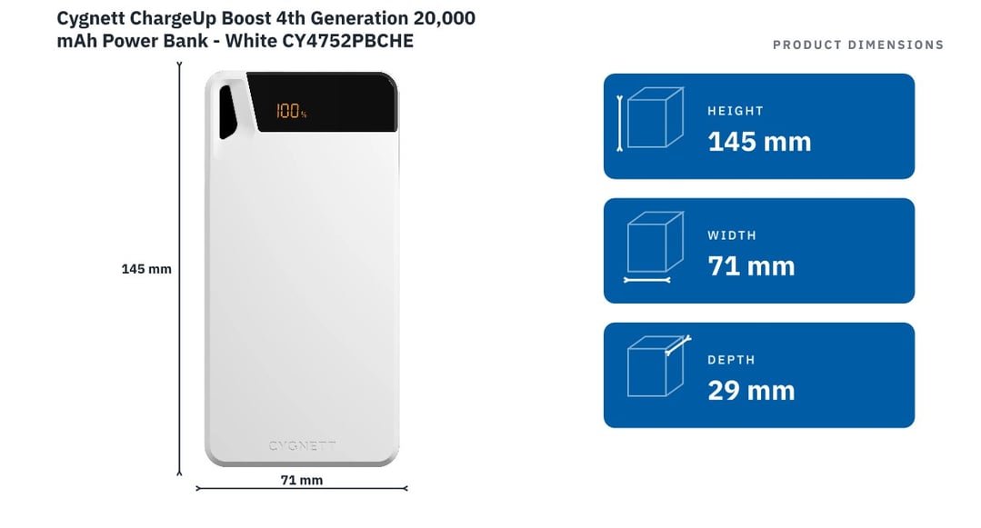 Cygnett ChargeUp Boost 4th Generation 20,000 mAh Power Bank - White CY4752PBCHE — product dimensions