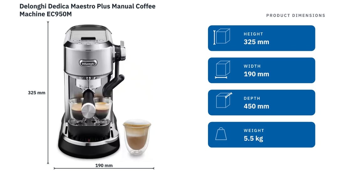 Delonghi Dedica Maestro Plus Manual Coffee Machine EC950M — product dimensions