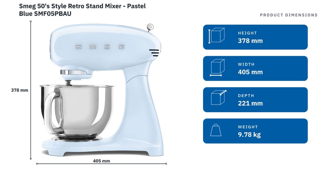 Smeg 50's Style Retro Stand Mixer - Pastel Blue SMF05PBAU — product dimensions