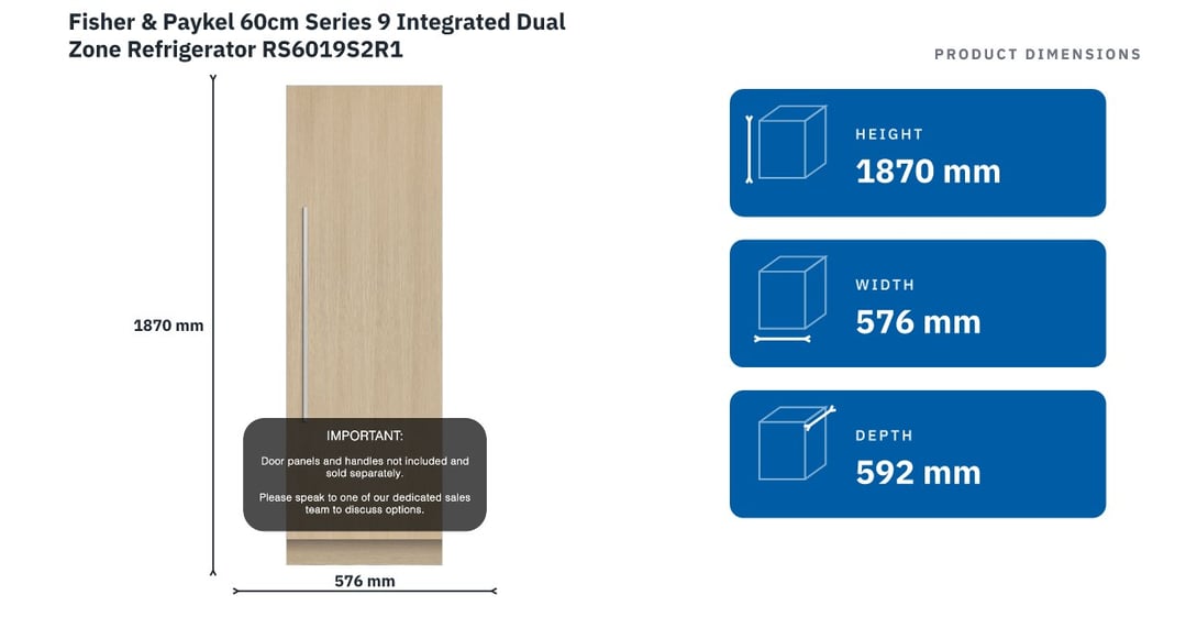 Fisher & Paykel 60cm Series 9 Integrated Dual Zone Refrigerator RS6019S2R1 — product dimensions