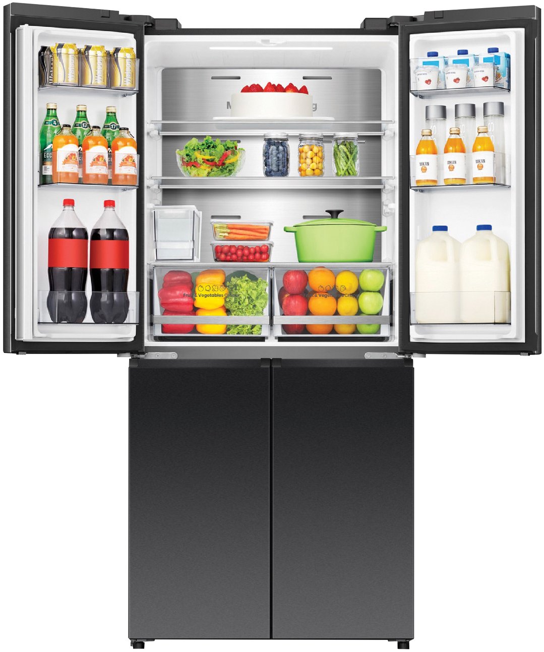 Open Hisense PureFlat Slim French Door fridge with food inside