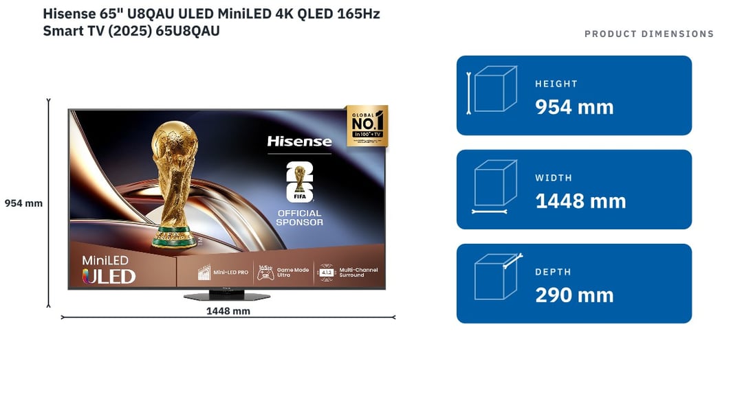 Hisense 65" U8QAU ULED MiniLED 4K QLED 165Hz Smart TV (2025) 65U8QAU — product dimensions