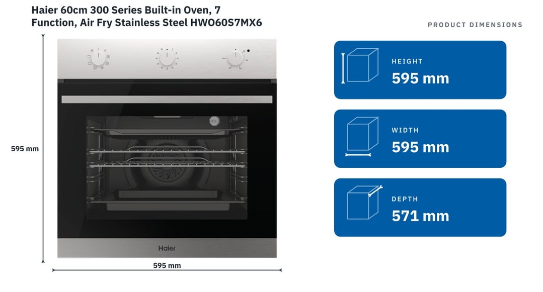 Haier 60cm 300 Series Built-in Oven, 7 Function, Air Fry Stainless Steel HWO60S7MX6