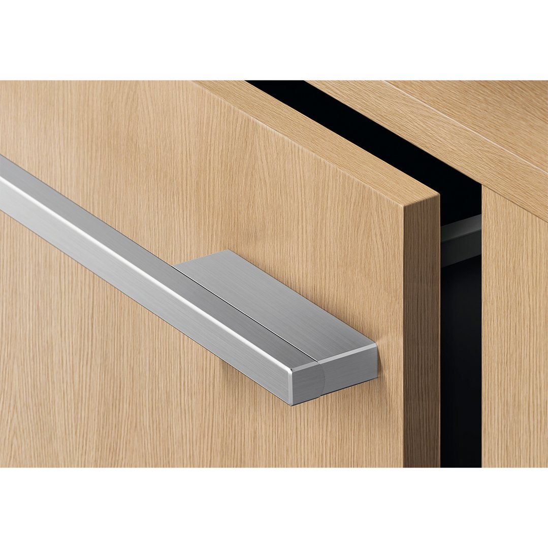 Close up of a partially open integrated double DishDrawer dishwasher