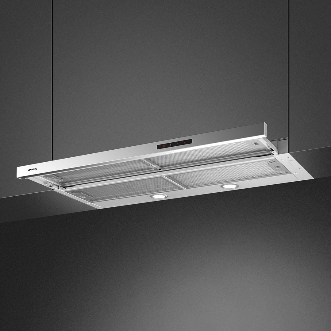 A stainless steel telescopic slideout rangehood installed under dark grey cabinetry
