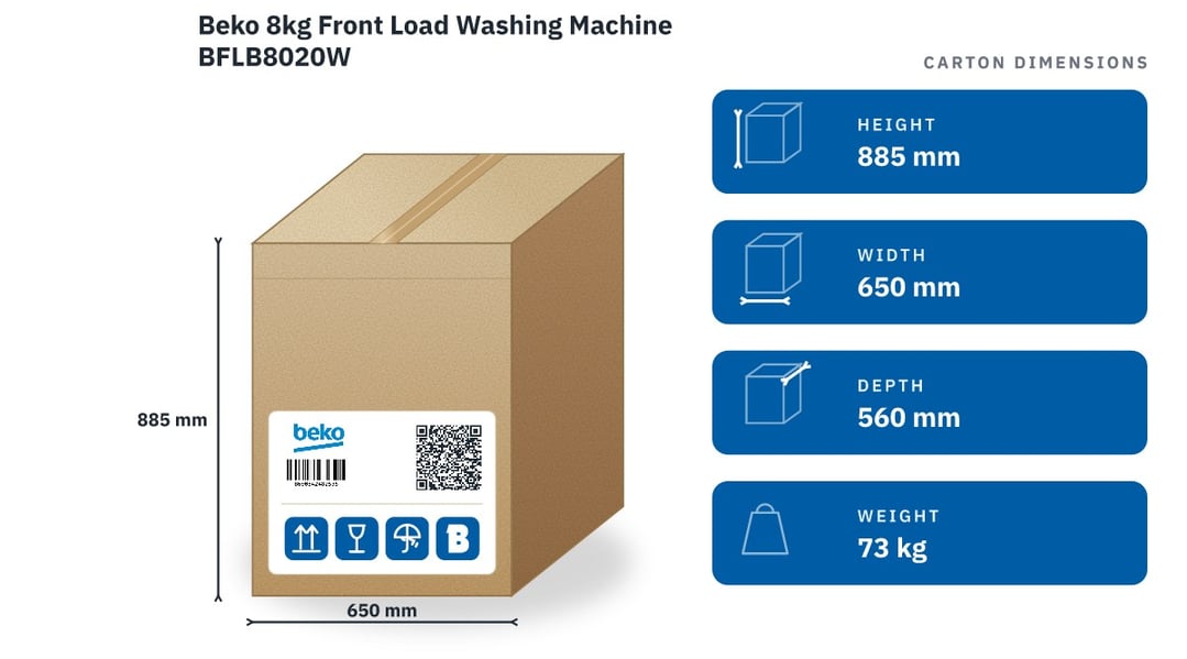 Beko 8kg Front Load Washing Machine BFLB8020W — packaged dimensions