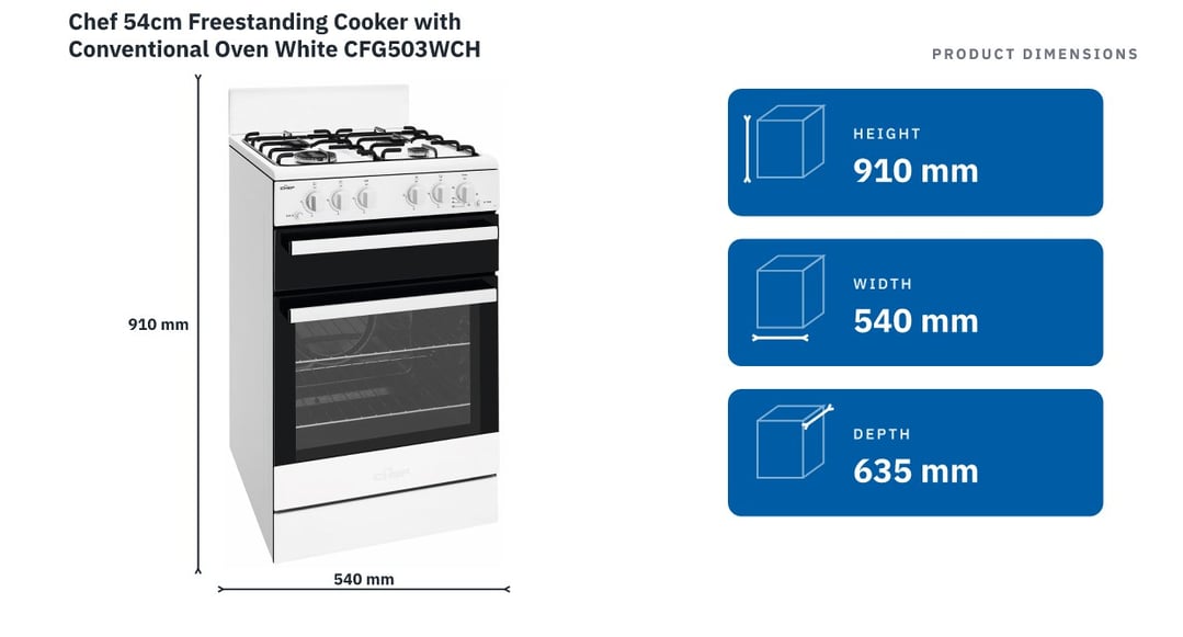 Chef 54cm Freestanding Cooker with Conventional Oven White CFG503WCH — product dimensions