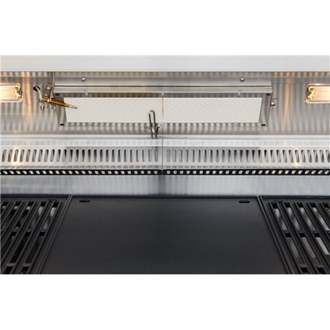 Close up of a stainless steel barbecue with grates and a griddle