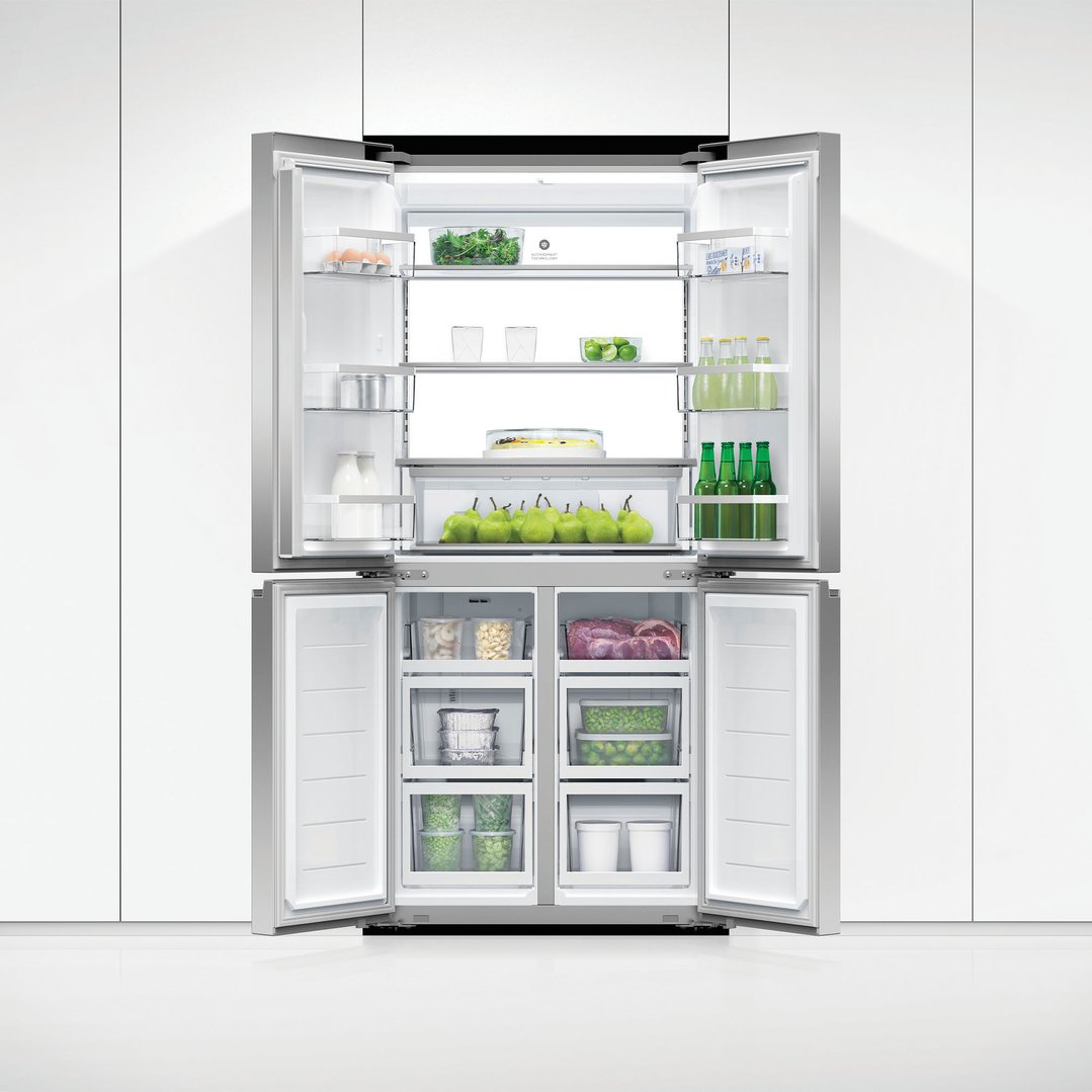 Open Fisher & Paykel Quad Door Refrigerator Freezer filled with food and drinks