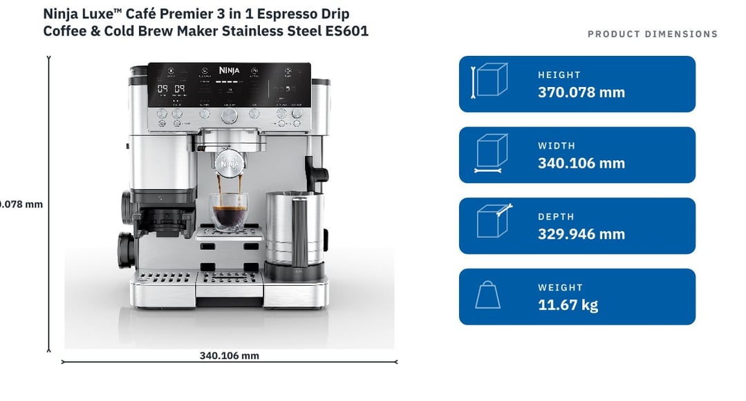 Ninja Luxe™ Café Premier 3 in 1 Espresso Drip Coffee & Cold Brew Maker Stainless Steel ES601 — product dimensions