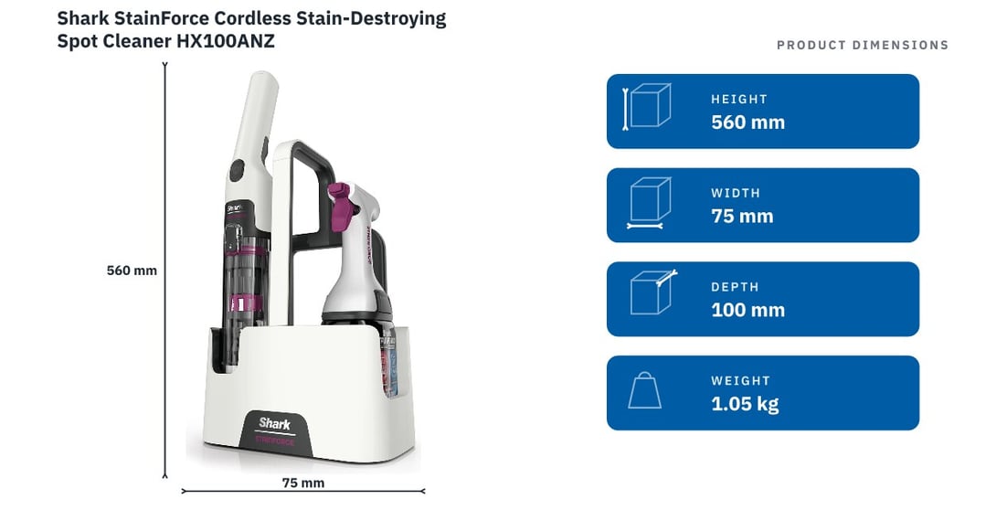 Shark StainForce Cordless Stain-Destroying Spot Cleaner HX100ANZ — product dimensions
