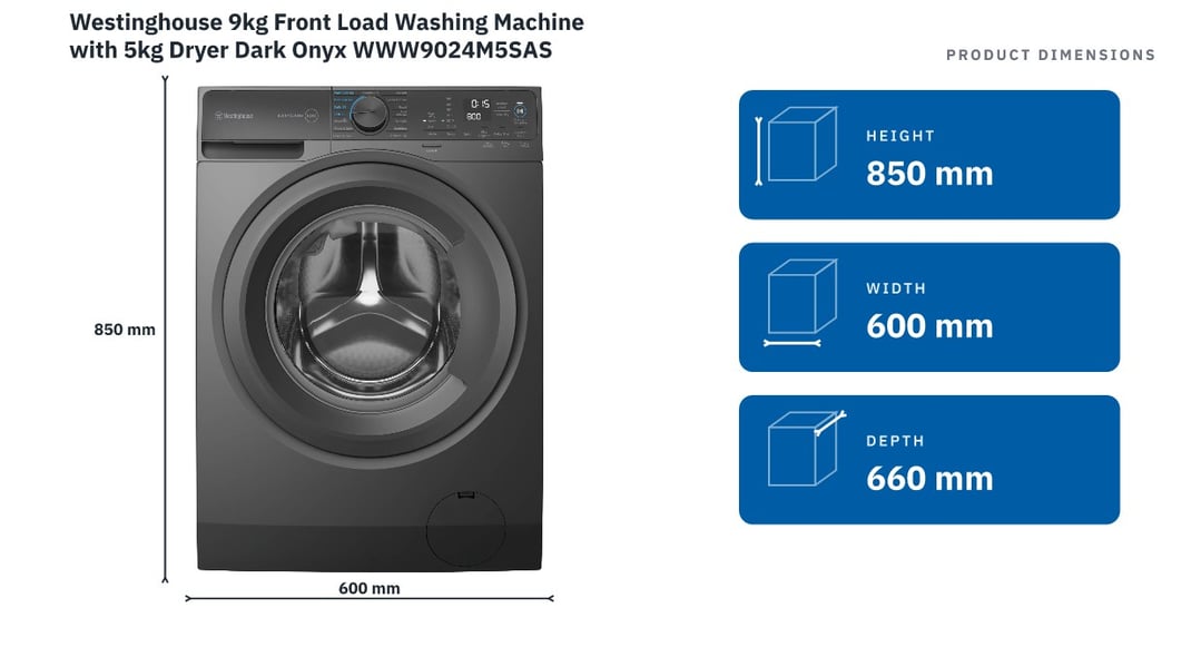 Westinghouse 9kg Front Load Washing Machine with 5kg Dryer Dark Onyx WWW9024M5SAS — product dimensions