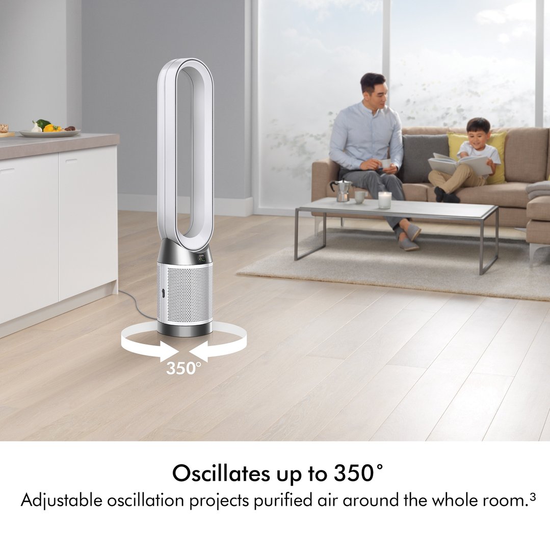 Dyson Purifier Cool purifying fan oscillating in a living room with people