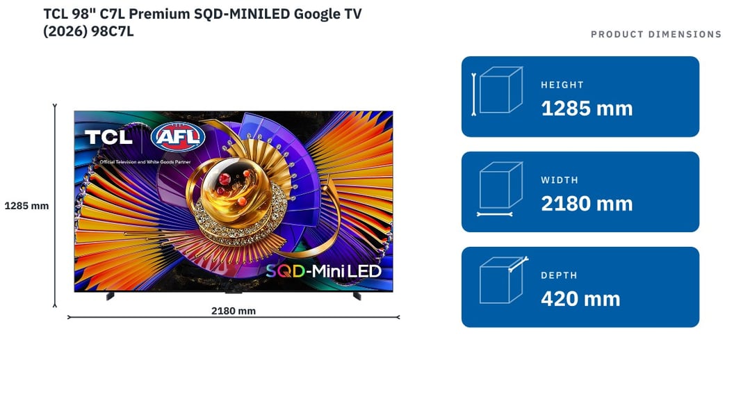 TCL 98" C7L Premium SQD-MINILED Google TV (2026) 98C7L — product dimensions