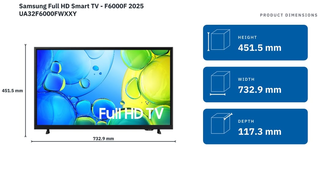 Samsung Full HD Smart TV - F6000F 2025 UA32F6000FWXXY — product dimensions