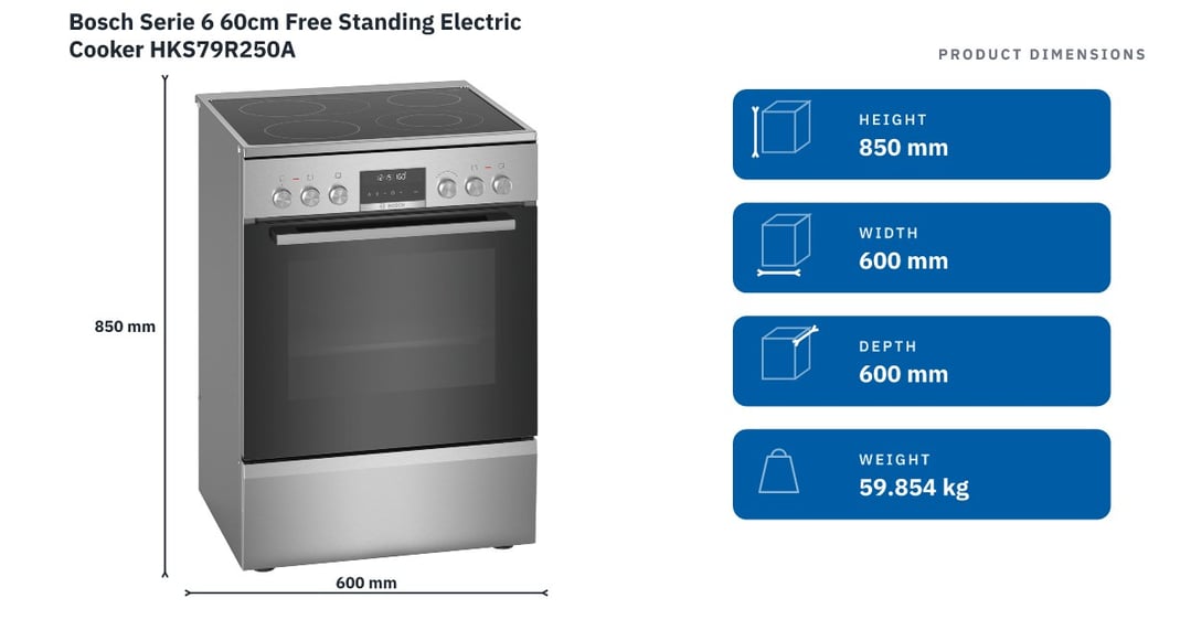 Bosch Serie 6 60cm Free Standing Electric Cooker HKS79R250A — product dimensions