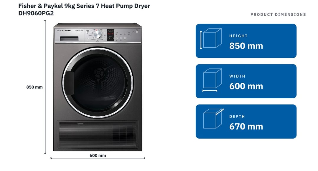 Fisher & Paykel 9kg Series 7 Heat Pump Dryer DH9060PG2 — product dimensions