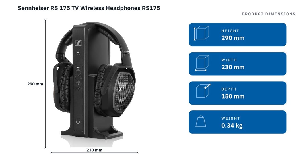 Sennheiser RS 175 TV Wireless Headphones RS175 — product dimensions