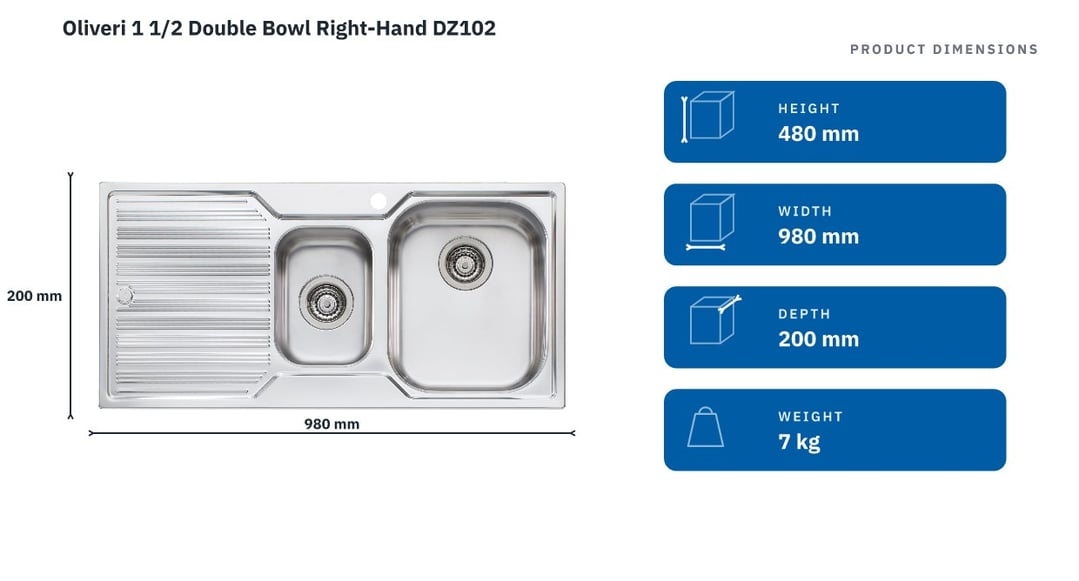 Oliveri 1 1/2 Double Bowl Right-Hand DZ102 — product dimensions