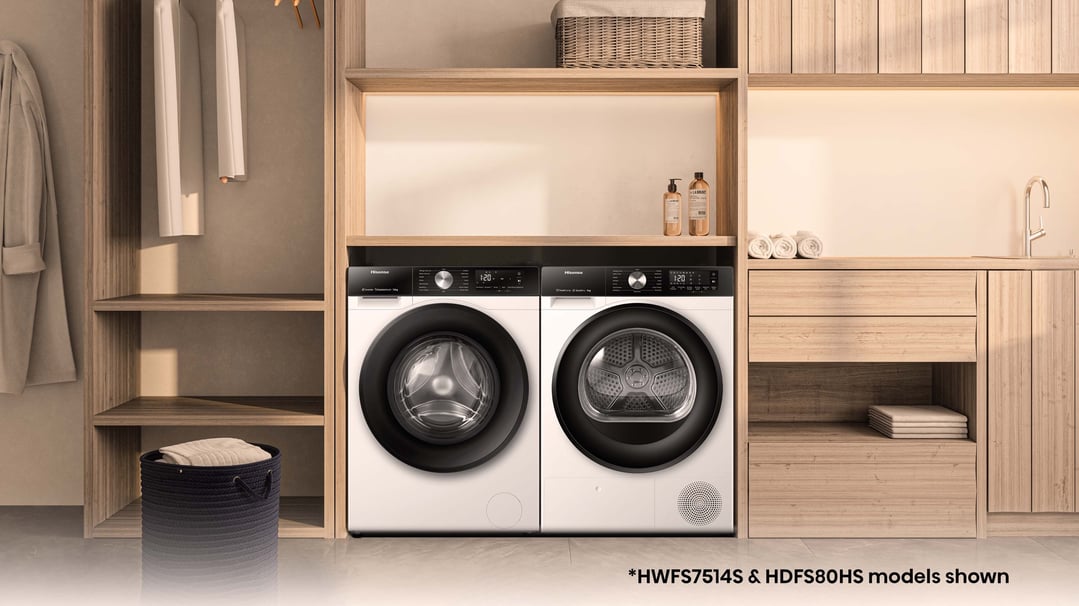 Two Hisense laundry appliances in a light wood laundry room