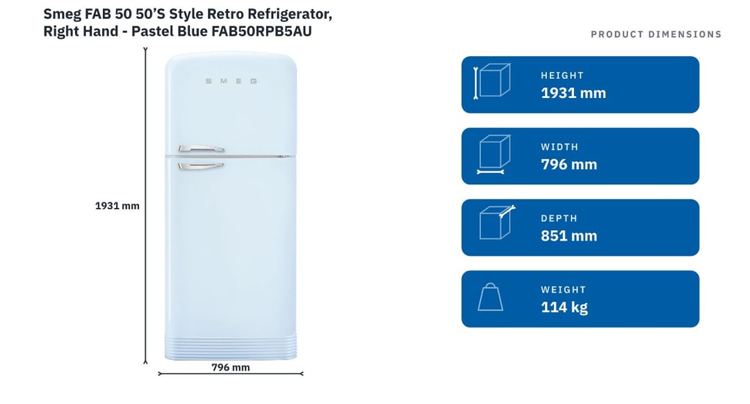 Smeg FAB 50 50’S Style Retro Refrigerator, Right Hand - Pastel Blue FAB50RPB5AU