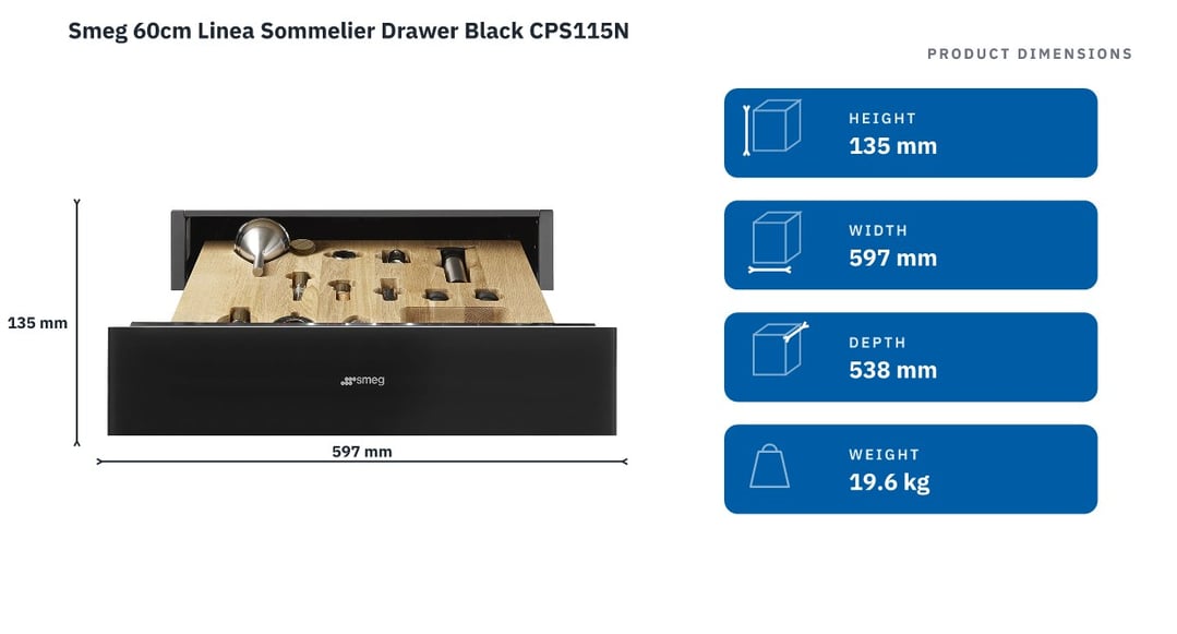 Smeg 60cm Linea Sommelier Drawer Black CPS115N — product dimensions