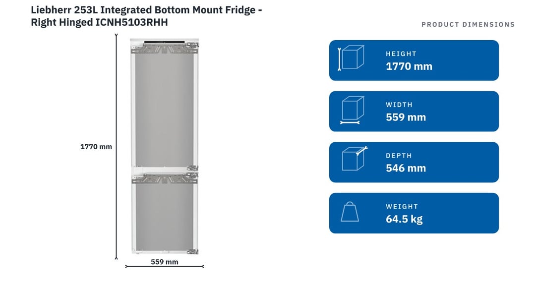 Liebherr 253L Integrated Bottom Mount Fridge - Right Hinged ICNH5103RHH