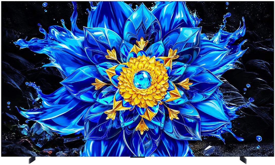 A TCL TV displaying a vibrant blue and gold abstract flower with liquid splashes