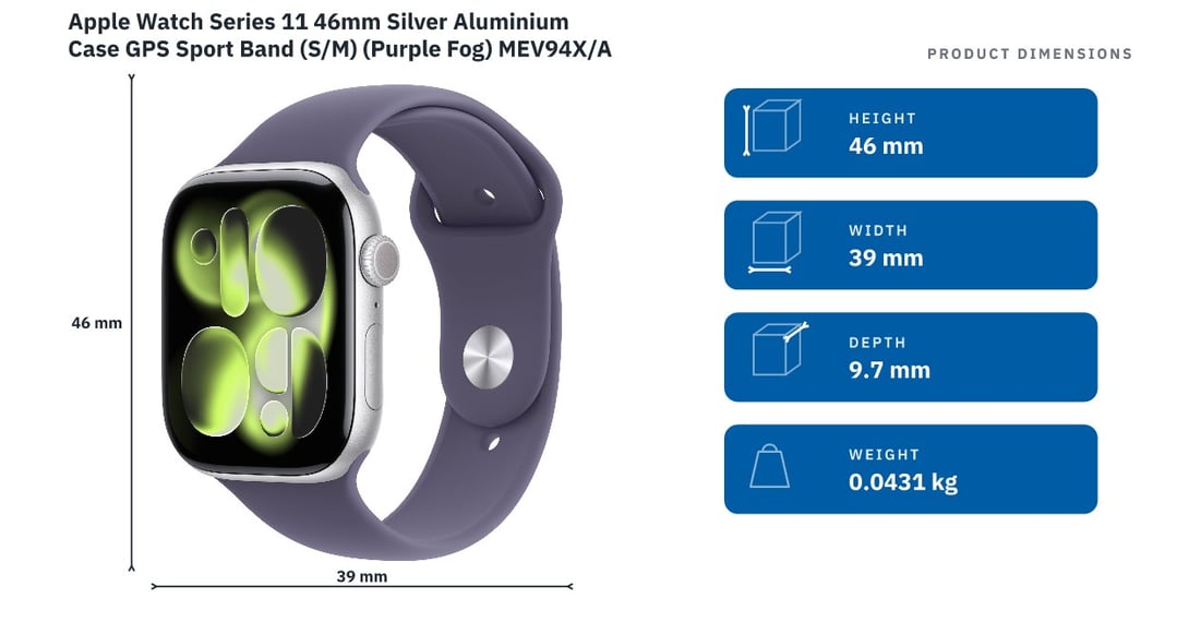 Apple Watch Series 11 46mm Silver Aluminium Case GPS Sport Band (S/M) (Purple Fog) MEV94X/A