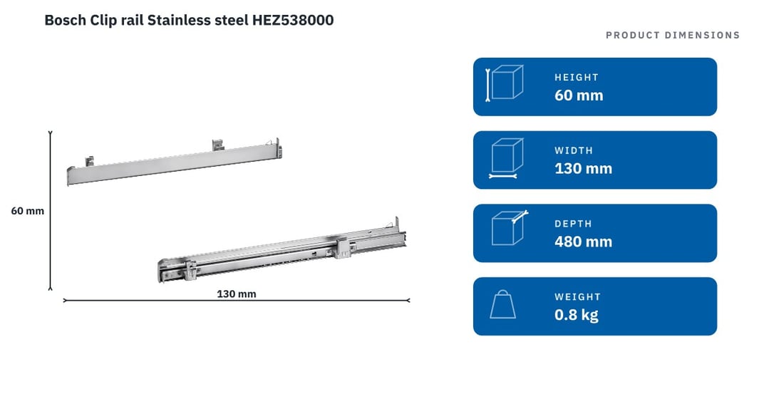Bosch Clip rail Stainless steel HEZ538000 — product dimensions